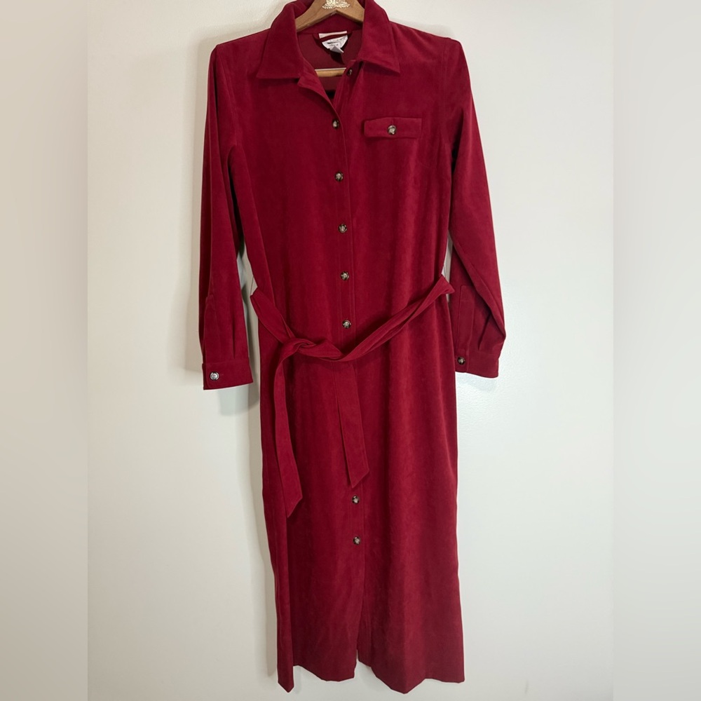 Talbots Vintage Rich Red Long Sleeve Button down Dress with tie size 12P